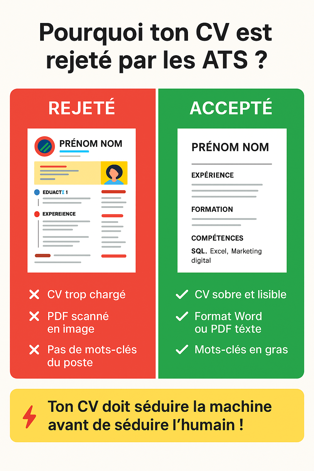 Infographie : CV rejeté vs CV accepté par les ATS — erreurs à éviter et bonnes pratiques